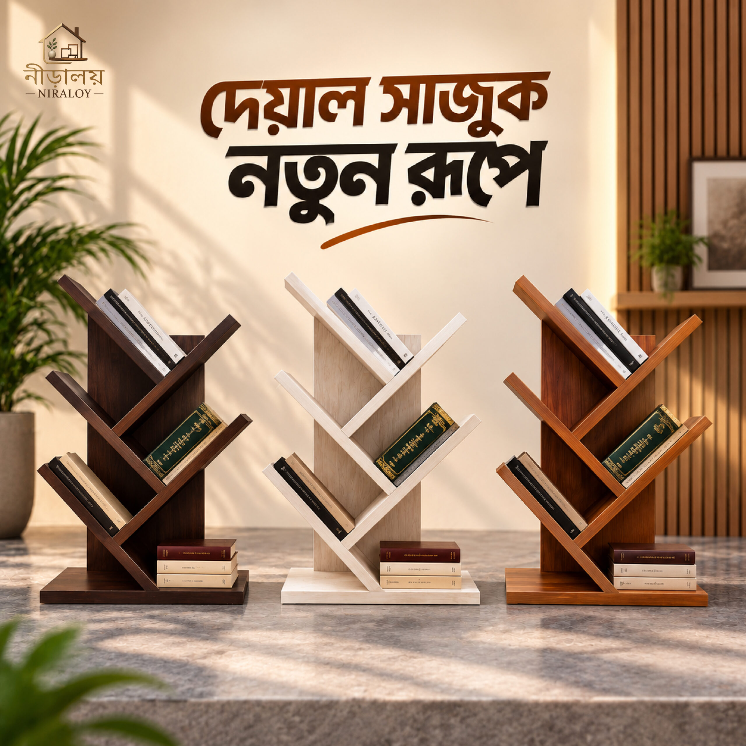 দেয়ালে ঝোলানো তিন রঙের NIRALOY TreeShelf