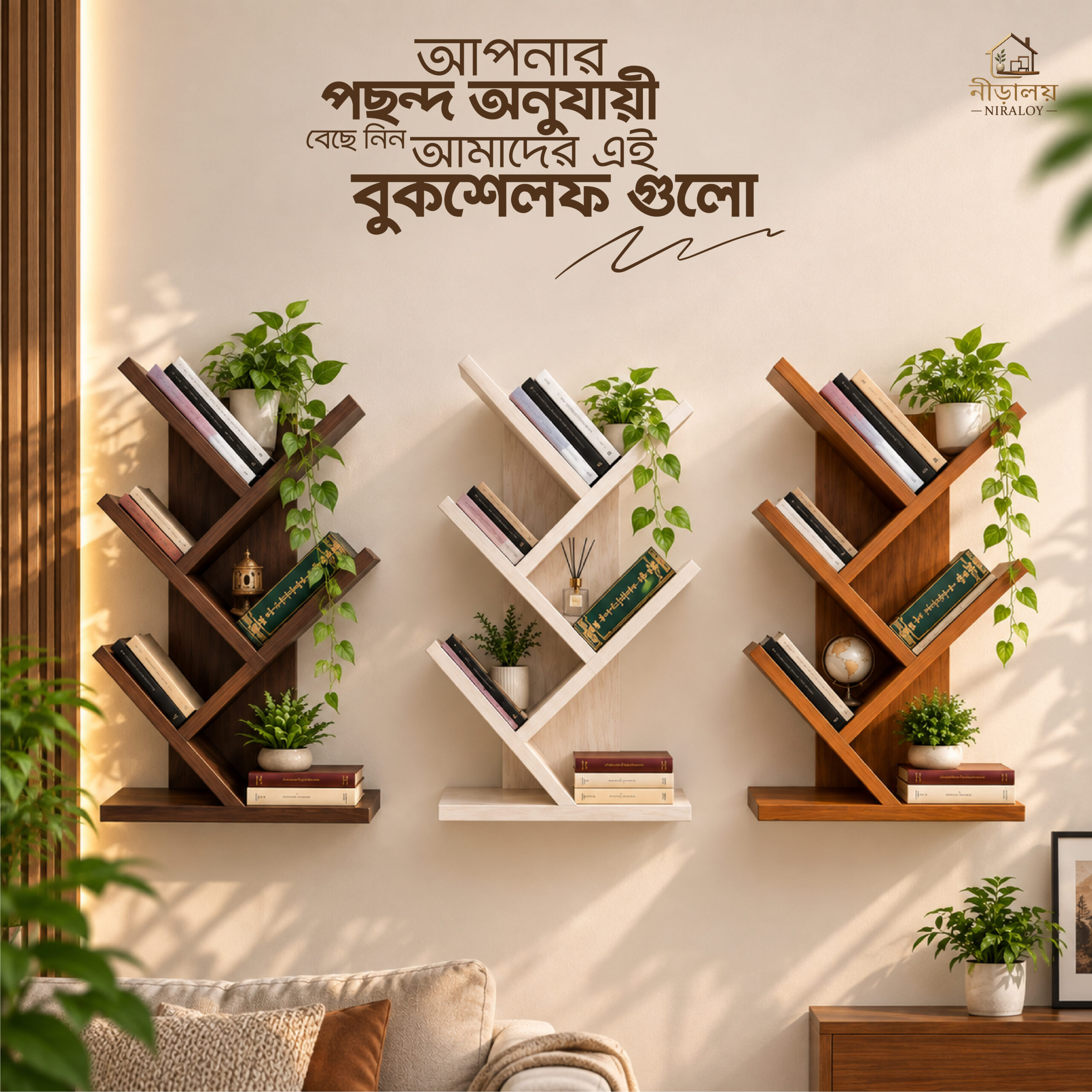 বসার ঘরে দেয়ালে সাজানো NIRALOY TreeShelf